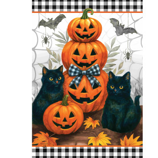 Black Cat Pumpkin Stack Garden Flag with orange pumpkins and two black cats on a wood base.