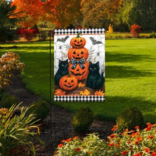 Black Cat Pumpkin Stack Garden Flag with black and white checkered border and Halloween design.