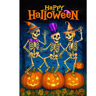 Skeleton Dance Party Garden Flag with dancing skeletons and pumpkins on a dark blue background.