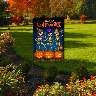 Skeleton Dance Party Garden Flag with dancing skeletons, pumpkins, and "Happy Halloween" text on display.