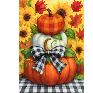 Harvest Pumpkin Stack Garden Flag with orange, white, and plaid pumpkins and black gingham bow.