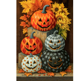 Patterned pumpkins in orange, white, gray, and black with fall leaves and sunflowers on garden flag.