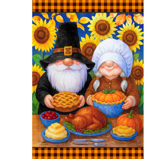 Thankful Gnomes Garden Flag with gnomes and Thanksgiving food, sunflowers background, orange plaid border.
