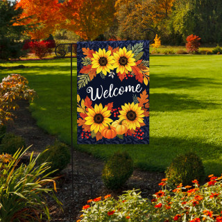 Autumn Sunflowers Welcome Garden Flag with sunflowers, pumpkins, and fall leaves on a black background.
