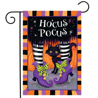 Hocus Pocus garden flag with black cat, purple shoes, and orange, purple, and black design.