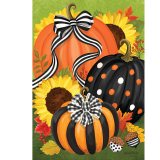 Playful Pumpkins Garden Flag with orange and black pumpkins with bows and polka dots design.