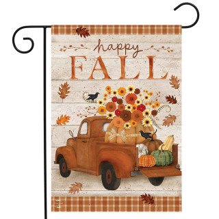 Fall Bounty Truck Garden Flag with happy fall text and autumnal design on white background.