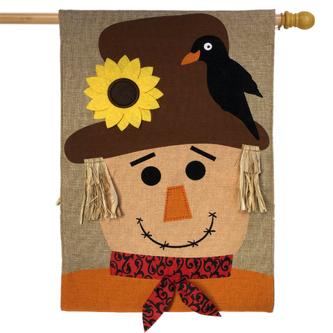 Briarwood Lane autumn scarecrow burlap house flag with sunflower and crow design, 28" x 40"