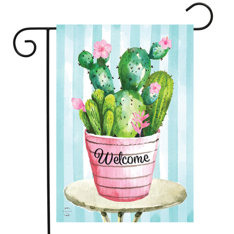 Briarwood Lane Cactus Bouquet Spring Garden Flag with colorful cacti in pink pot on stand.