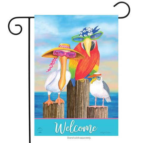 Briarwood Lane Coastal Bird Welcome Summer Garden Flag with colorful birds by ocean shore on sand.
