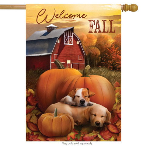 Briarwood Lane Welcome Fall Puppies House Flag with colorful dogs, pumpkins, and barn on small printed fabric.