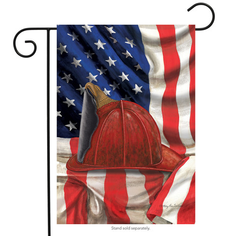 Briarwood Lane Fireman Helmet Garden Flag with American flag and thin red line, patriotic USA design.