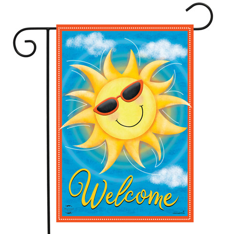 Briarwood Lane small printed garden flag with cheerful sun and "Welcome" on colorful seasonal summer design.