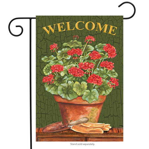 Briarwood Lane small potted geraniums garden flag with colorful flowers and welcome message on decorative fabric.