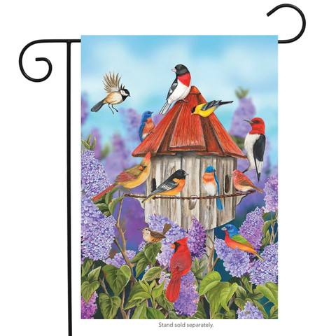Briarwood Lane Birds and Lilacs Spring Garden Flag with colorful birds and purple lilacs.