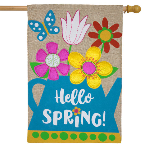Spring Watering Can Burlap House Flag