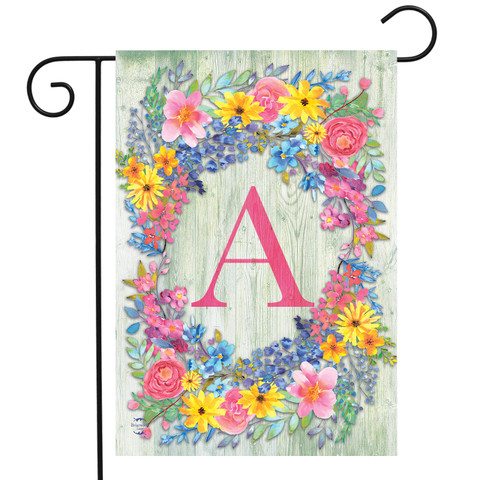 Briarwood Lane Spring Monogram Letter A garden flag with colorful flowers and cheerful spring design.