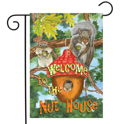 Briarwood Lane Welcome To the Nut House garden flag with colorful squirrels and tree scenery.