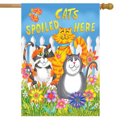 Briarwood Lane Cats Spoiled Here floral house flag with colorful cats and flowers on vibrant background.