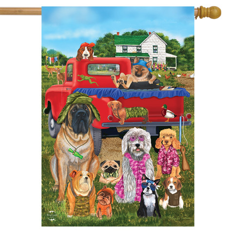 Briarwood Lane Country Pups Summer House Flag with colorful dogs and red pickup truck display.