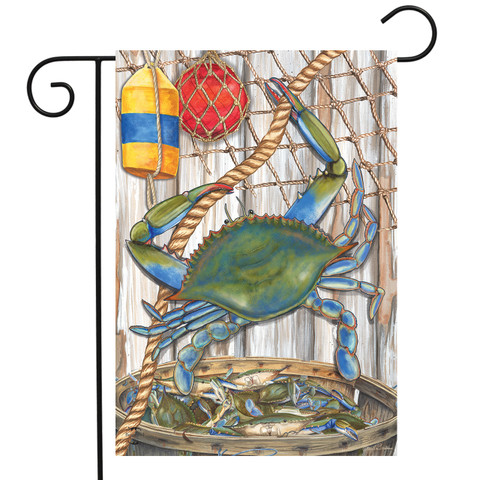 Briarwood Lane blue crab garden flag with colorful nautical design for spring and summer porch decor.