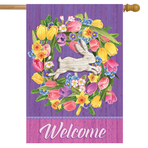 Bunny Wreath Welcome House Flag