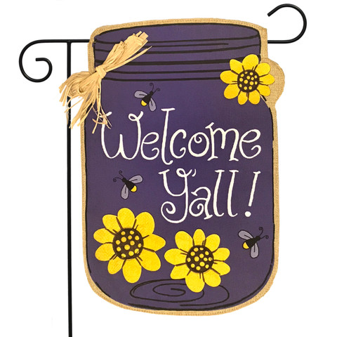 Briarwood Lane Welcome Y'all jar garden flag with colorful sunflowers and bumblebees on purple background.