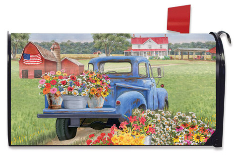 Briarwood Lane large mailbox cover with colorful spring truck scene and vibrant flowers on a farm.