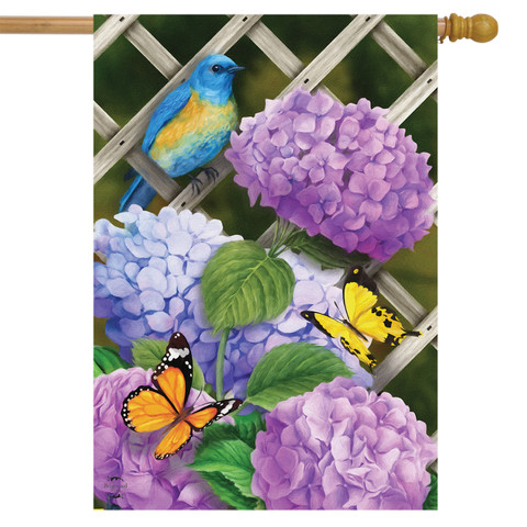 Briarwood Lane Hydrangea Gathering House Flag with colorful butterfly, bluebird, and purple flowers design.