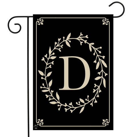 Briarwood Lane black garden flag with elegant gold monogram letter D and leafy wreath design.