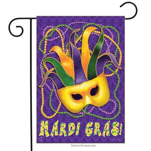 Briarwood Lane Mardi Gras Holiday Garden Flag with colorful mask and beads for New Orleans party.