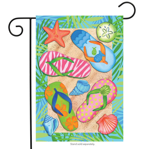 Briarwood Lane colorful garden flag with flip flops, starfish, and shells on sandy beach background.