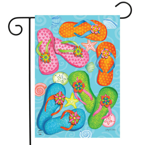 Briarwood Lane small nautical garden flag with colorful flip flops on a sunny summer shore display.