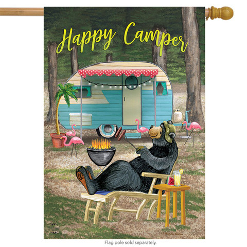 Briarwood Lane Happy Camper Bear Summer House Flag, colorful RV camping decor for porch or yard.