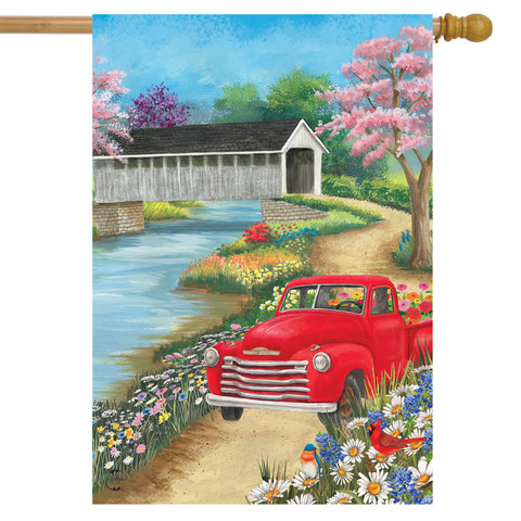 Briarwood Lane Spring Covered Bridge House Flag with colorful springtime design and red vintage truck.