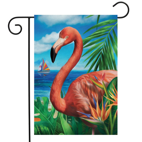 Briarwood Lane Flamingo Paradise Garden Flag with sailboat, palm, and tropical plants by the ocean shore.