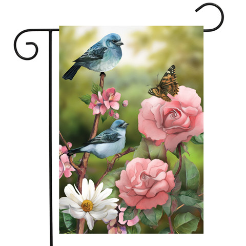 Briarwood Lane small printed garden flag with bluebird, butterfly, and colorful spring flowers display.