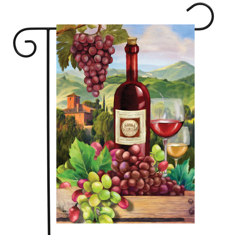 Briarwood Lane Wine Country Garden Flag with bottle, grapes, and Tuscany villa scenery design.
