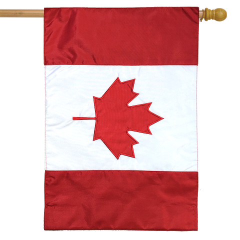 Briarwood Lane Canada house flag with red maple leaf on white and red background display.