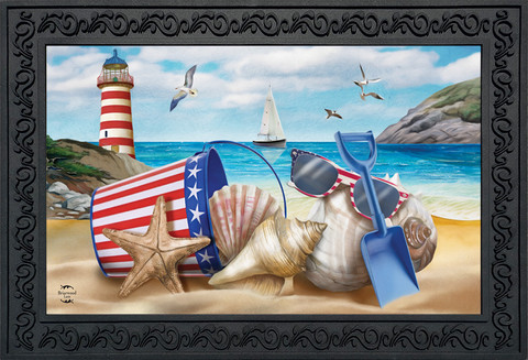 Briarwood Lane Sea To Shining Sea beach scene with patriotic nautical elements and seashells on sand.
