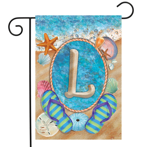Briarwood Lane Summer Monogram Letter L Garden Flag with coastal starfish and sand design elements.