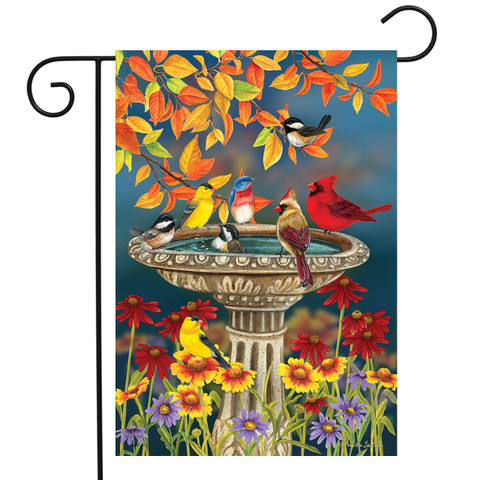 Briarwood Lane garden flag with colorful birds, fall flowers, and a birdbath on a small printed flag.