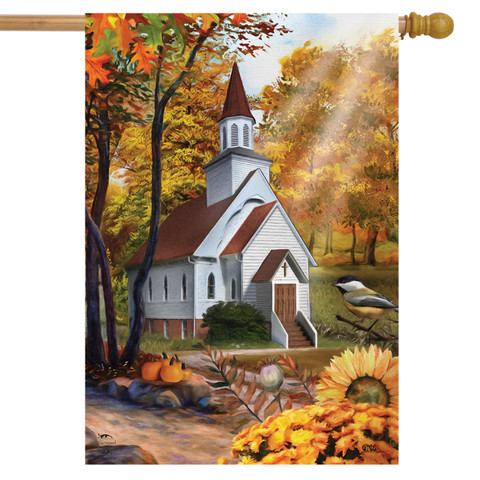 Briarwood Lane Autumn Church house flag with colorful fall scene and cheerful decorative design elements.