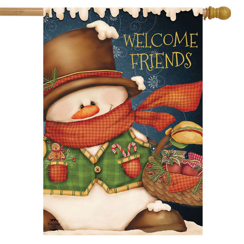 Welcome Friends Snowman Winter House Flag