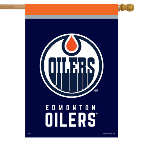 Briarwood Lane Edmonton Oilers NHL licensed house flag with navy blue, orange, and white colors.