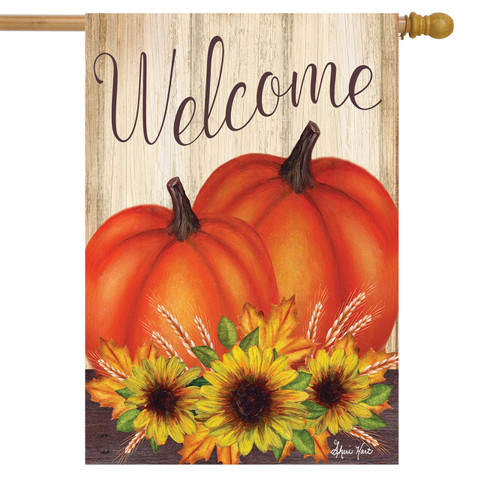 Briarwood Lane autumn house flag with pumpkins, sunflowers and Welcome text, colorful seasonal porch decor.