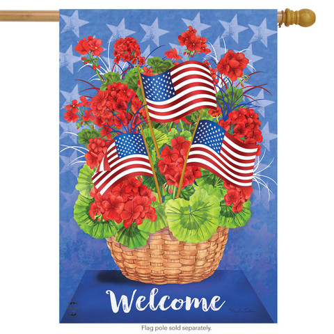Briarwood Lane Patriotic Basket Summer House Flag with American stars, stripes, and red, white, blue colors.