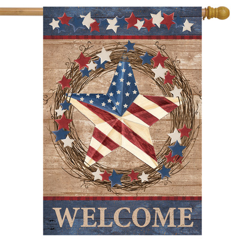 Briarwood Lane Americana Barnstar Patriotic House Flag with rustic wreath and stitched stars and stripes.
