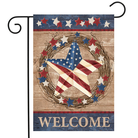 Briarwood Lane Americana Barnstar Patriotic Garden Flag with rustic wreath and stars, stripes, red, white, blue.