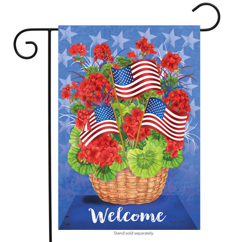 Briarwood Lane Patriotic Basket Summer Garden Flag with American stars, stripes, and red flowers.